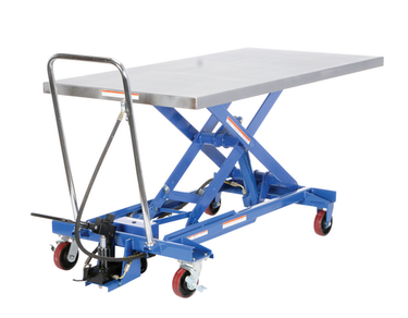 Carbon Steel Air/Hydraulic Light Duty Scissor Lift Cart 63 In. x 31-1/2 In. Platform With Poly-On-Poly Casters 1,000 Lb. Capacity Blue/Silver